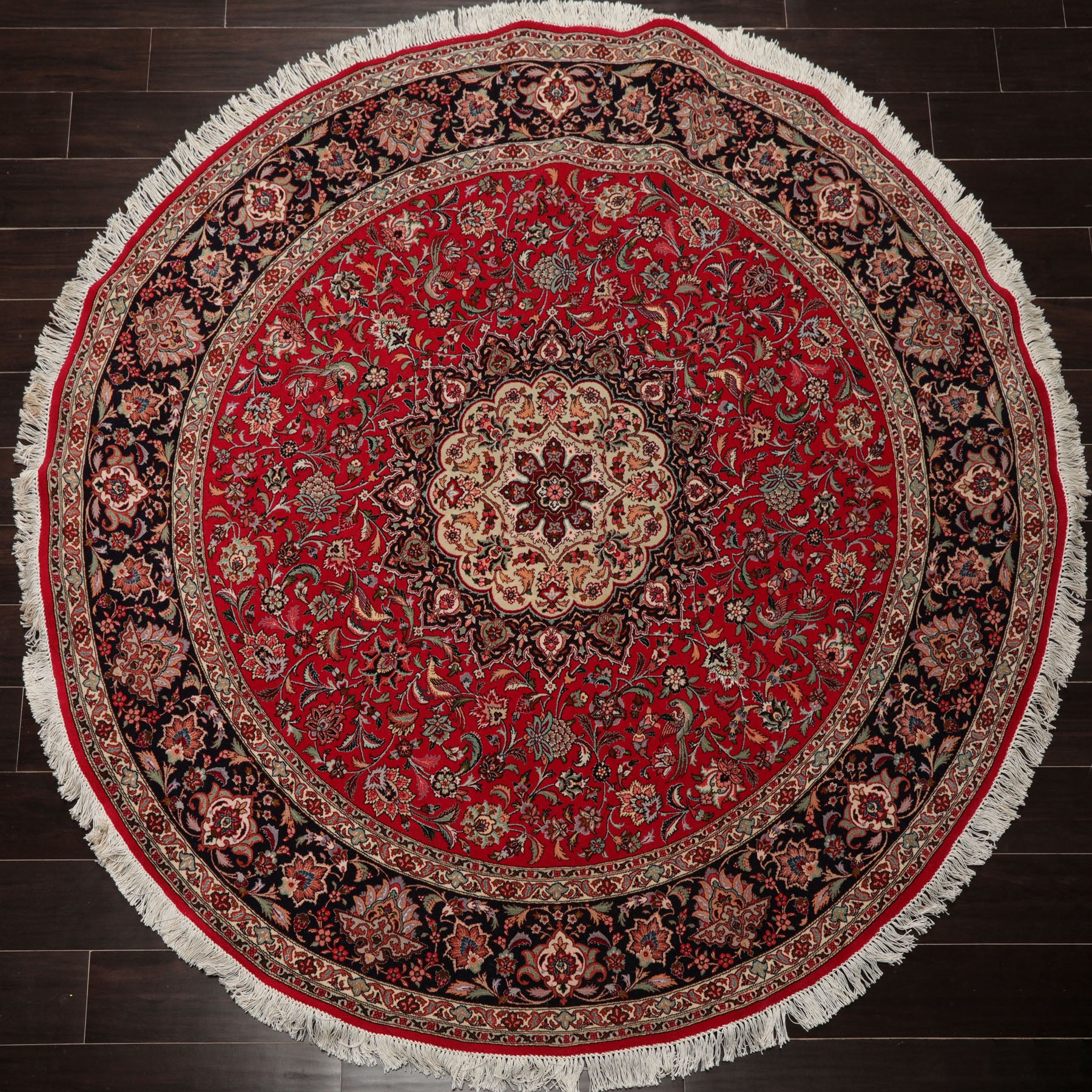 Round Red, Black, Ivory Color Hand Knotted Tabriz Round Wool & Silk Traditional Oriental Rug