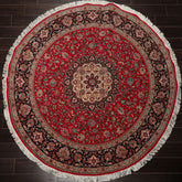 Round Red, Black, Ivory Color Hand Knotted Tabriz Round Wool & Silk Traditional Oriental Rug