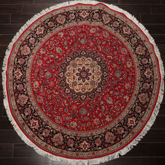 Round Red, Black, Ivory Color Hand Knotted Tabriz Round Wool & Silk Traditional Oriental Rug