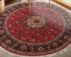 Red 6'4''x6'4'' Round Tabriz Traditional Hand Knotted Wool & Silk Oriental Area Rug