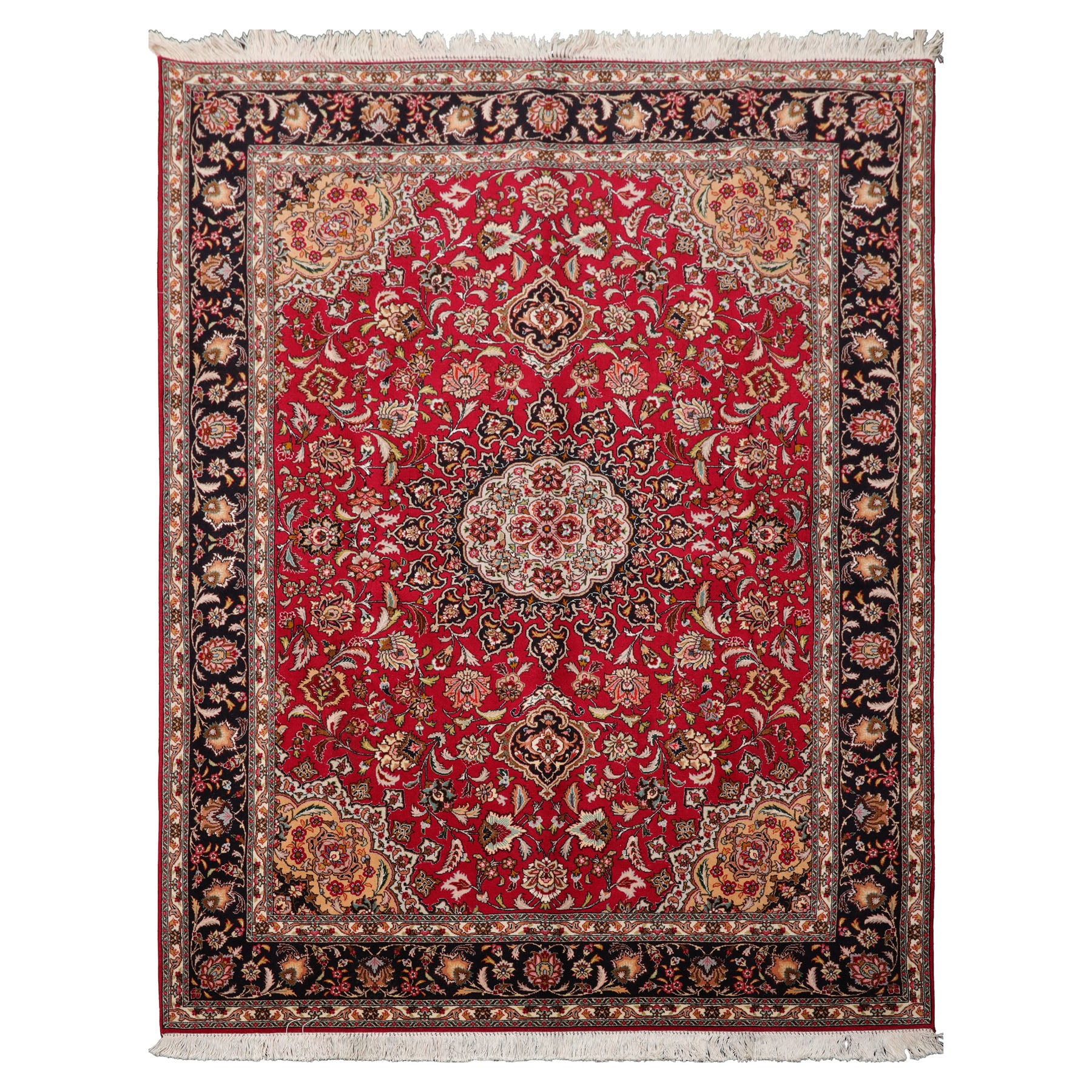 5x7 Red, Black, Ivory Color Hand Knotted Tabriz Wool & Silk Traditional Oriental Rug