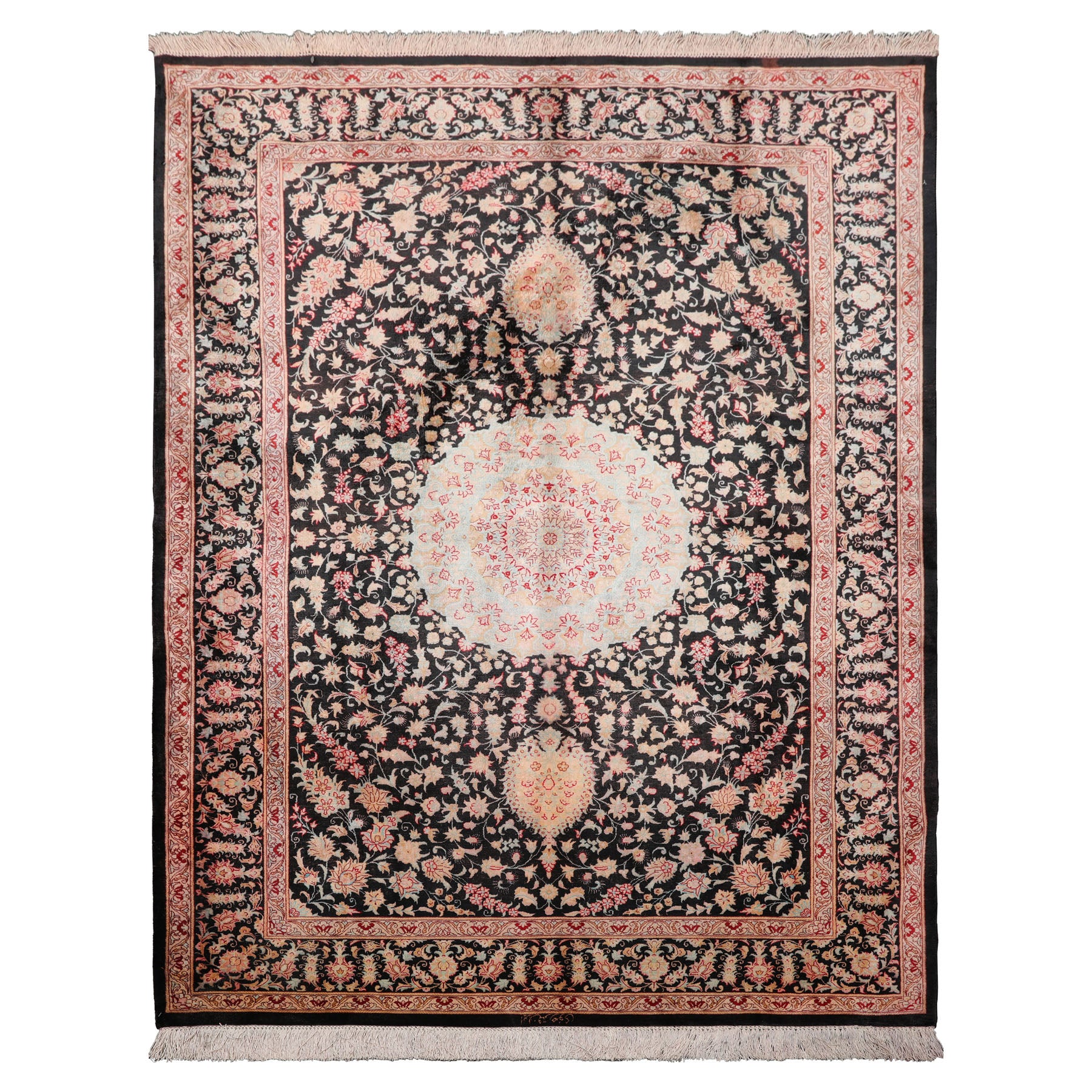4x6 Charcoal, Peach, Aqua Color Hand Knotted Qum All Silk Silk Traditional Oriental Rug