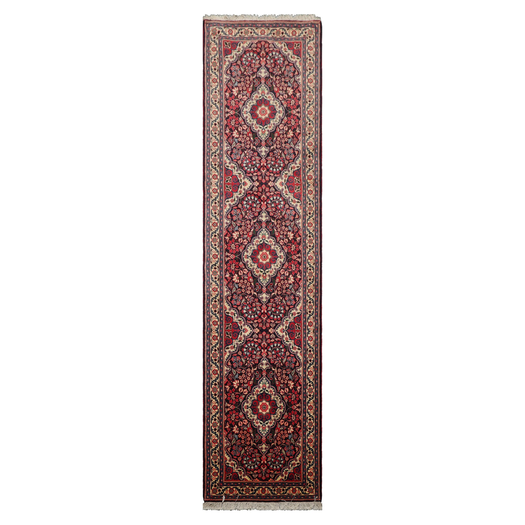 Runner Navy, Ivory, Red Color Hand Knotted Jozan Sarouk Wool Traditional Oriental Rug
