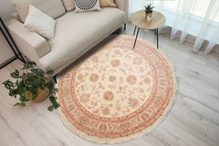 Ivory 6'6''x6'6'' Round Tabriz Traditional 400 KPSI Hand Knotted Wool & Silk Oriental Area Rug