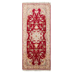 Runner Red, Ivory, Rose Color Hand Knotted Tabriz Wool & Silk Traditional Oriental Rug