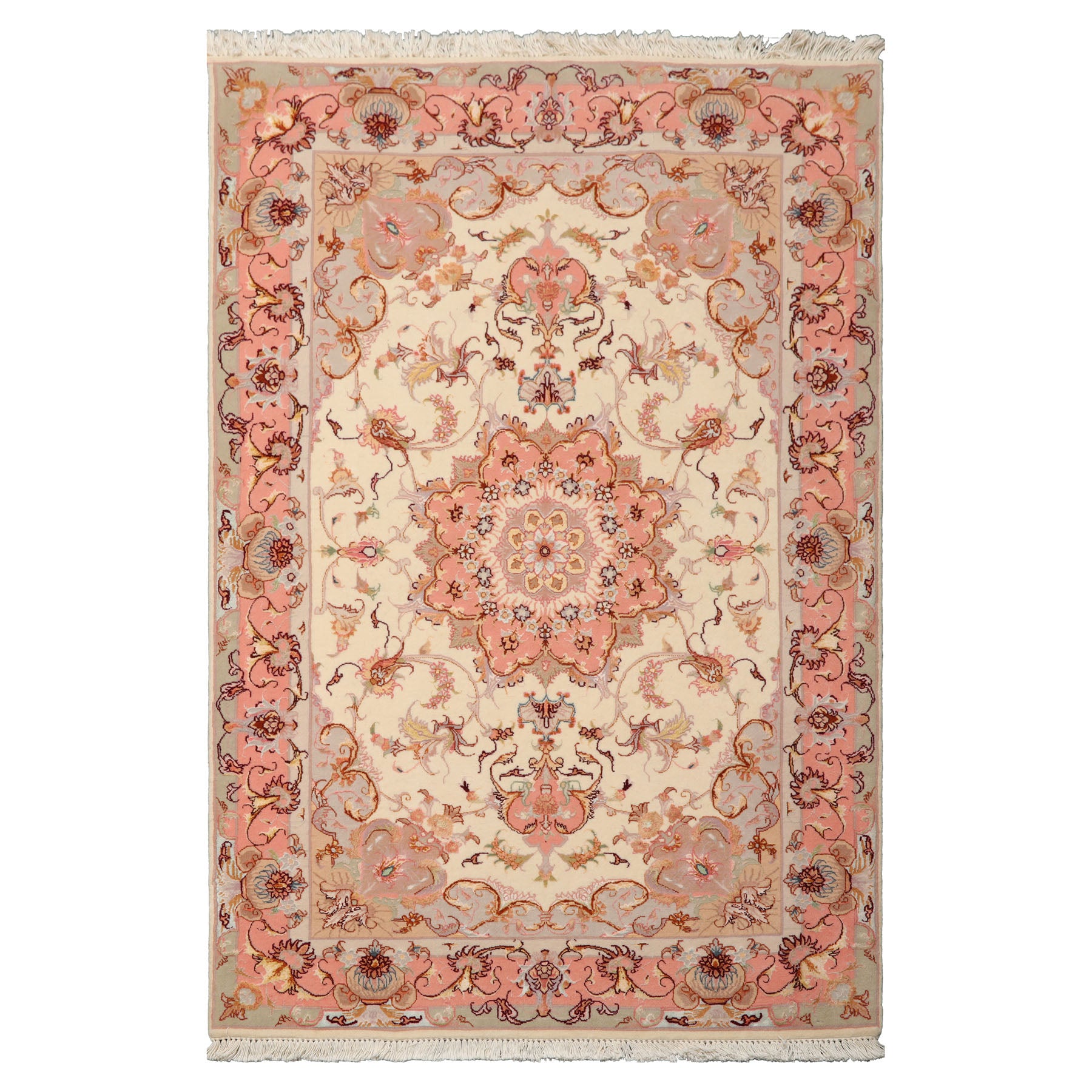 3x5 Ivory, Rose, Taupe Color Hand Knotted Tabriz Wool & Silk Traditional Oriental Rug