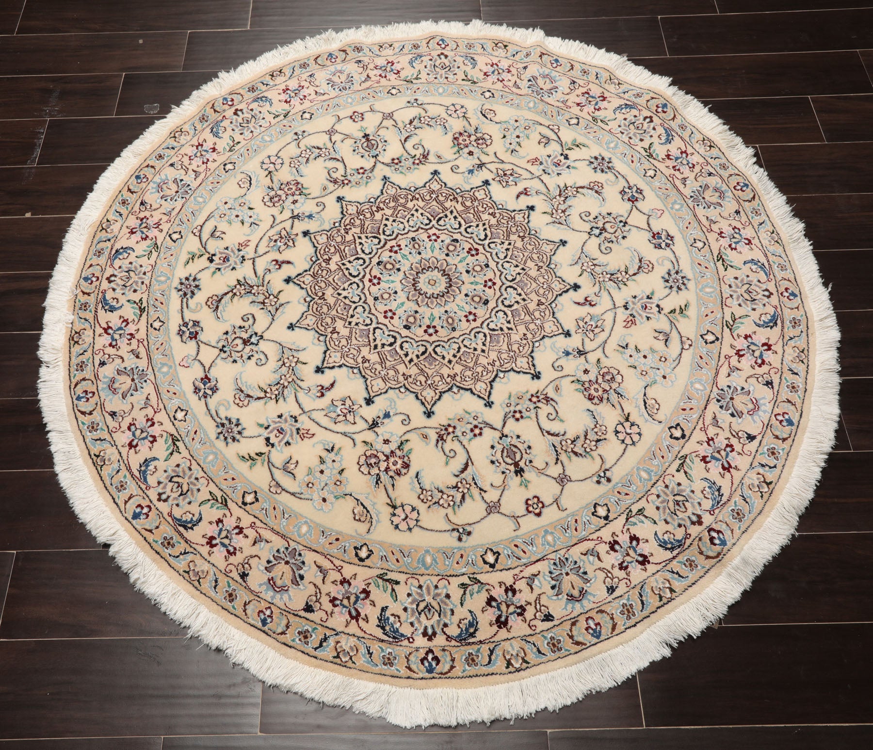 Round Ivory, Tan, Rose Color Hand Knotted Nain Round Wool & Silk Traditional Oriental Rug