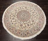 Round Ivory, Tan, Rose Color Hand Knotted Nain Round Wool & Silk Traditional Oriental Rug