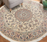 Ivory 5x5 Round Nain Traditional 250 KPSI Hand Knotted Wool & Silk Oriental Area Rug