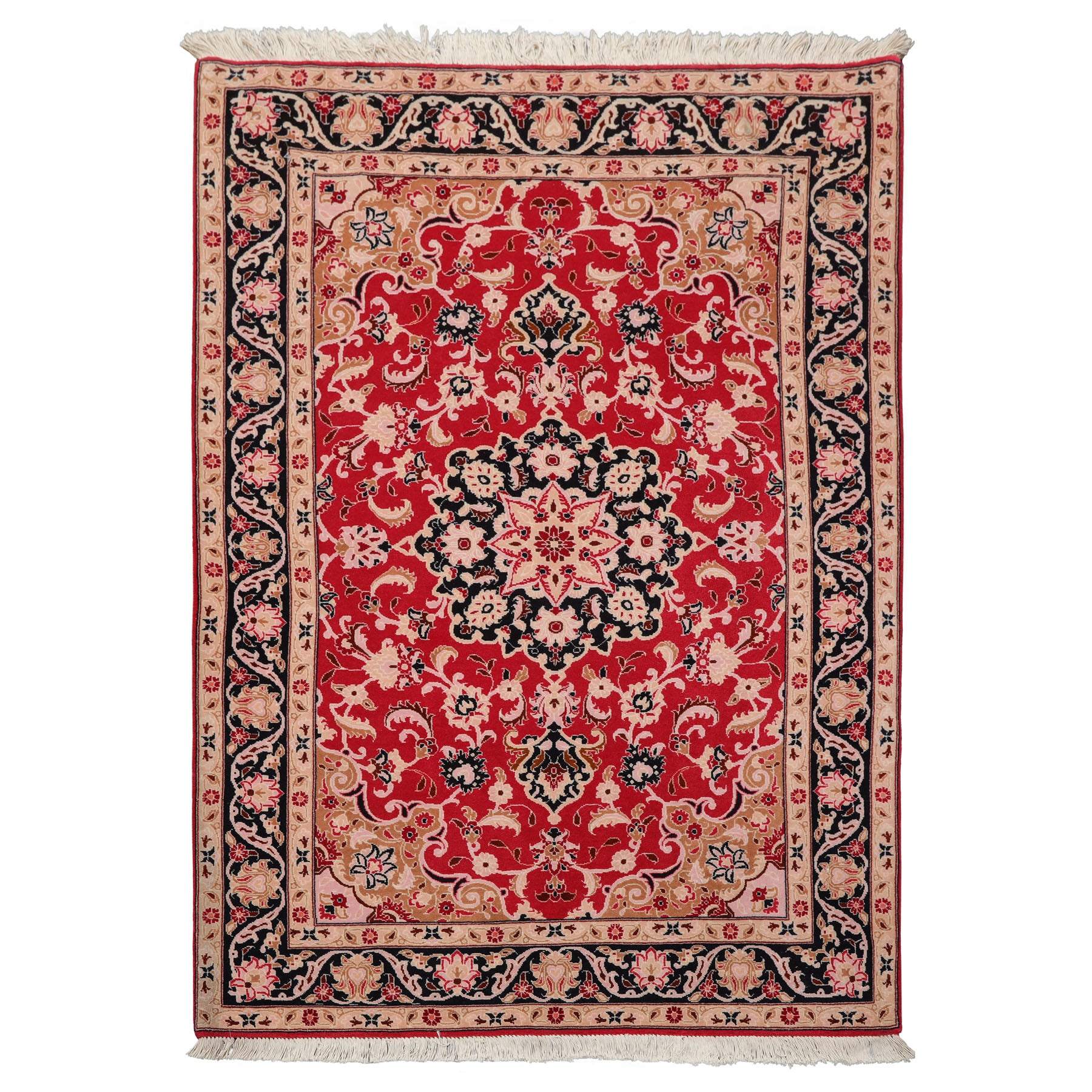 3x5 Red, Black, Tan Color Hand Knotted Tabriz Wool & Silk Traditional Oriental Rug