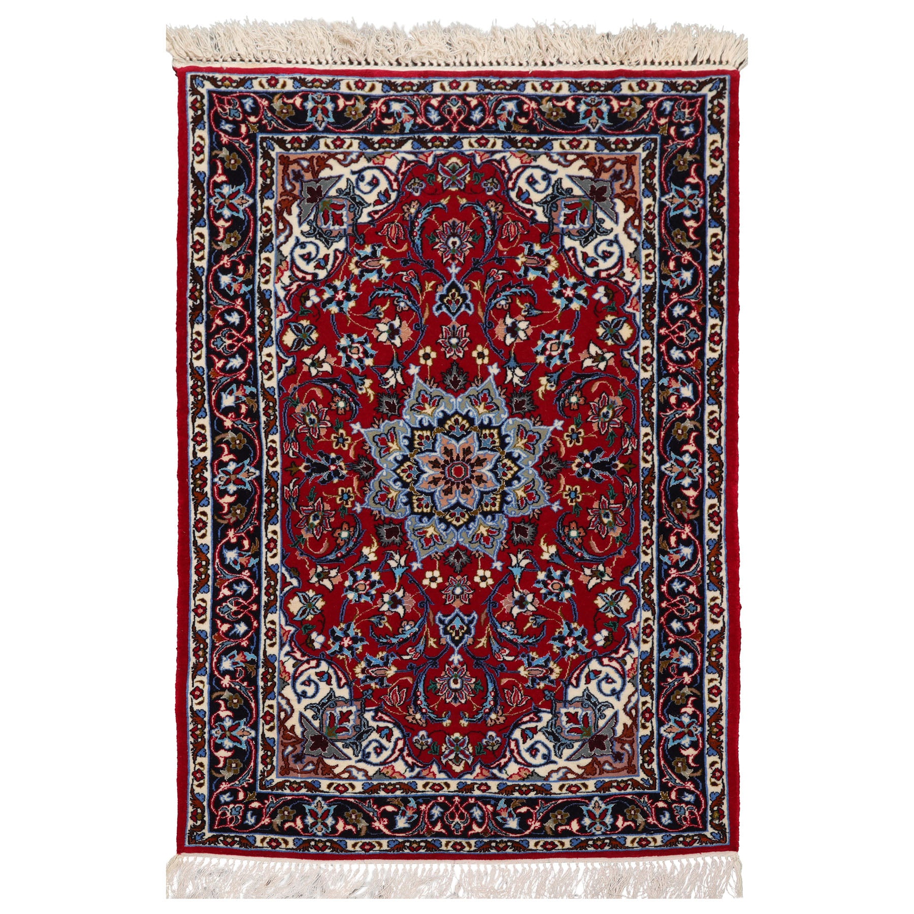 2x3 Red, Navy, Ivory Color Hand Knotted Isfahan Wool & Silk Traditional Oriental Rug