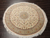 Round Ivory, Moss, Brown Color Hand Knotted Qum All Silk Silk Traditional Oriental Rug