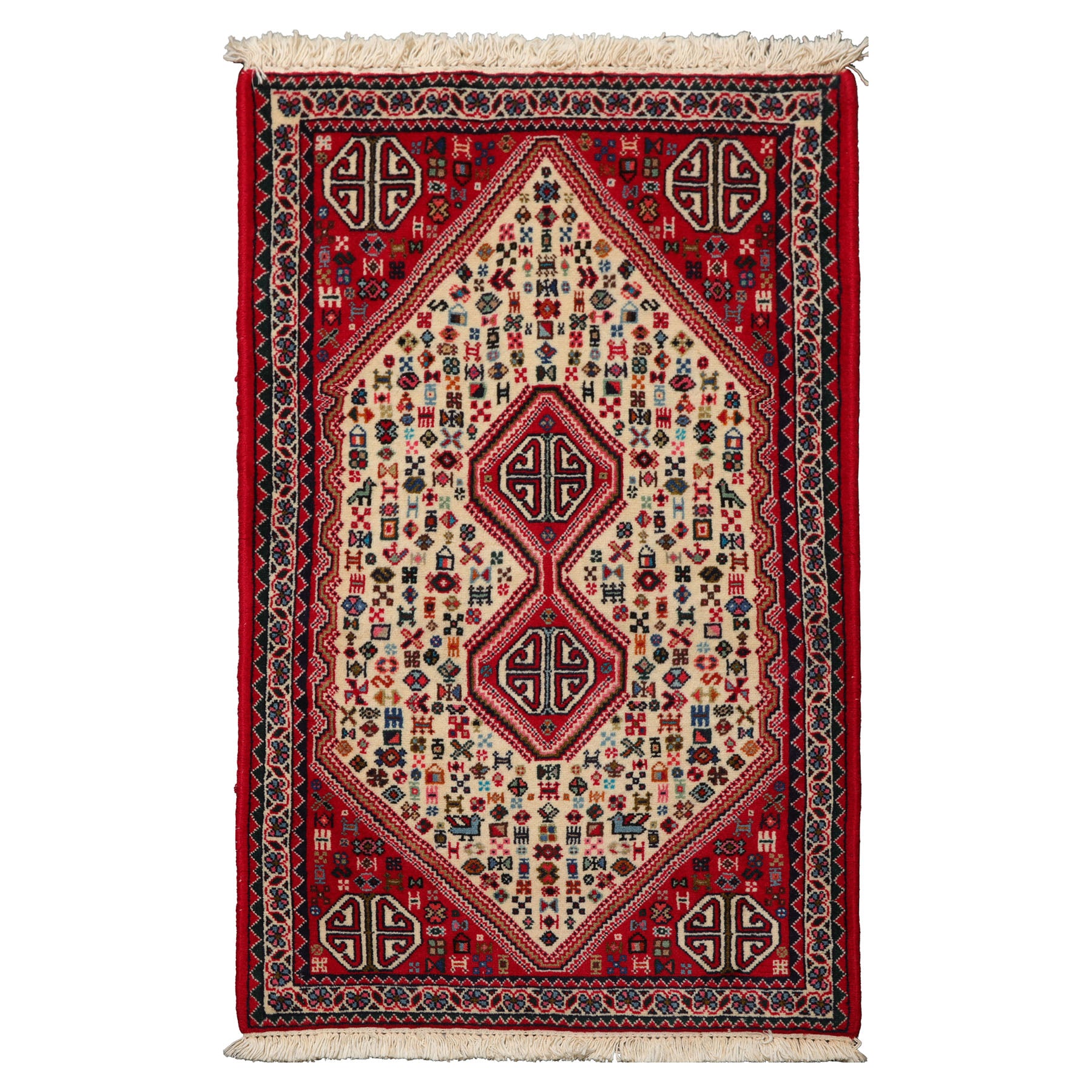 2x4 Ivory, Red, Charcoal Color Hand Knotted Abadeh Wool Traditional Oriental Rug
