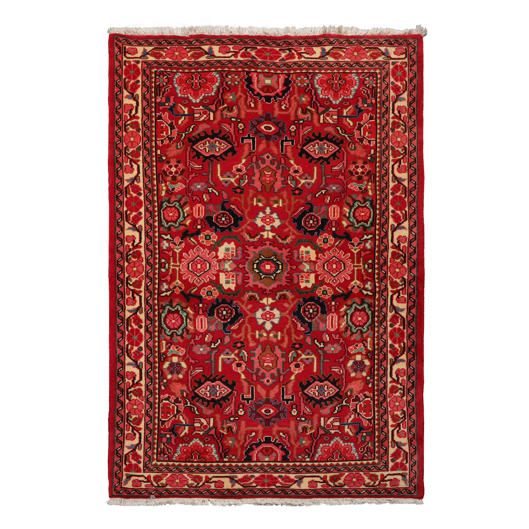 3x5 Red, Ivory, Green Color Hand Knotted Abadeh wool Traditional Oriental Rug