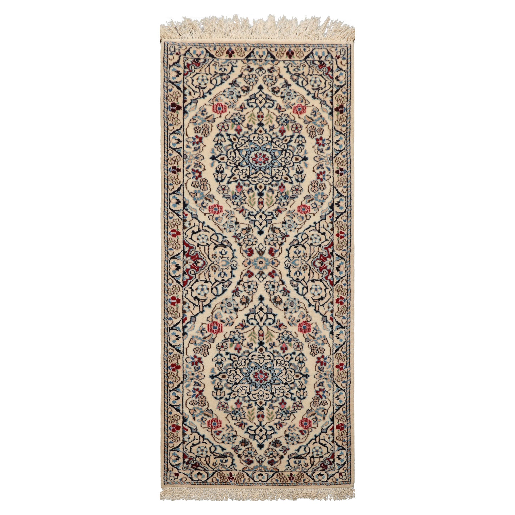 Runner Ivory, Blue, Maroon Color Hand Knotted Nain Wool & Silk Traditional Oriental Rug