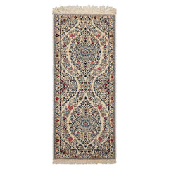 Runner Ivory, Blue, Maroon Color Hand Knotted Nain Wool & Silk Traditional Oriental Rug