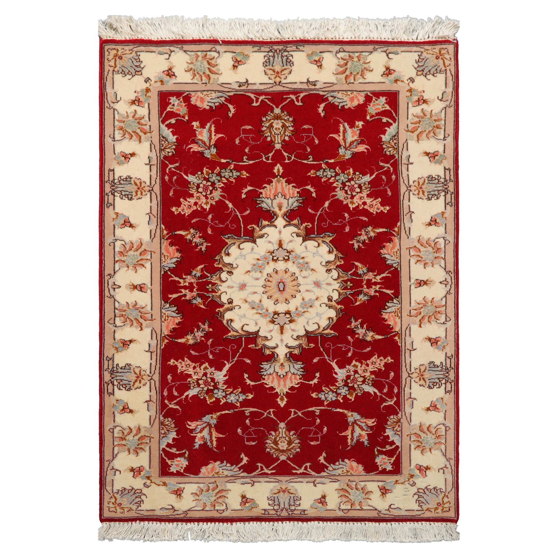 2x3 Red, Ivory, Aqua Color Hand Knotted Tabriz Wool & Silk Traditional Oriental Rug