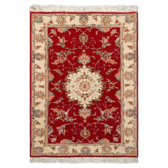 2x3 Red, Ivory, Aqua Color Hand Knotted Tabriz Wool & Silk Traditional Oriental Rug