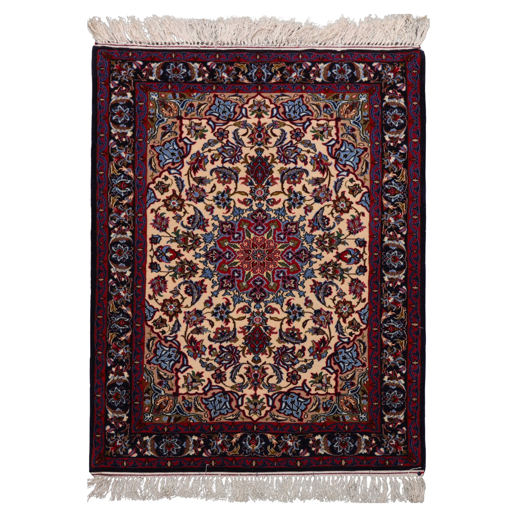 2x3 Beige, Navy, Red Color Hand Knotted Isfahan Wool & Silk Traditional Oriental Rug