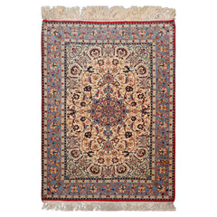 3x5 Ivory, Aqua, Blue Color Hand Knotted Isfahan Wool & Silk Traditional Oriental Rug