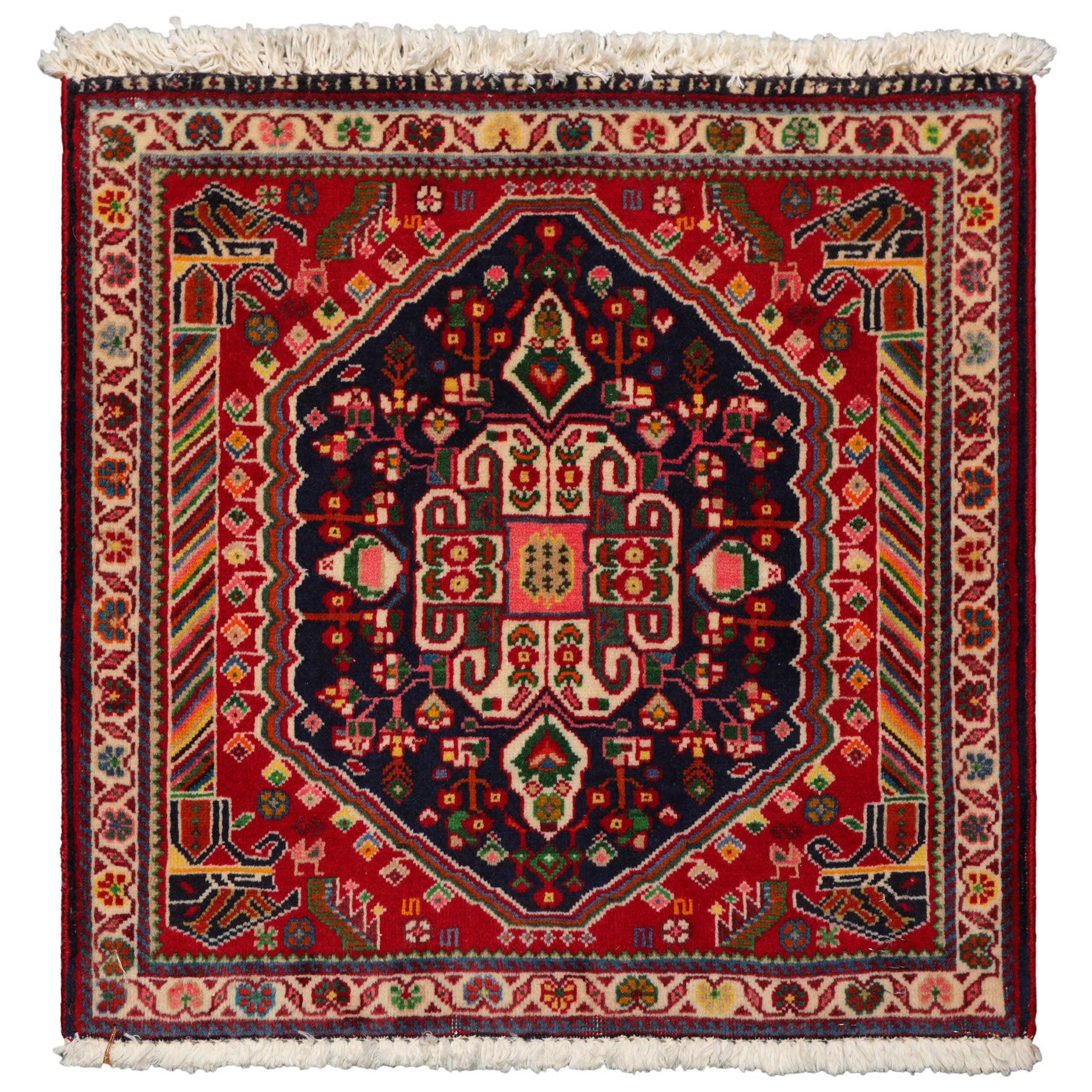 Square Navy, Red, Green Color Hand Knotted Abadeh Wool Traditional Oriental Rug
