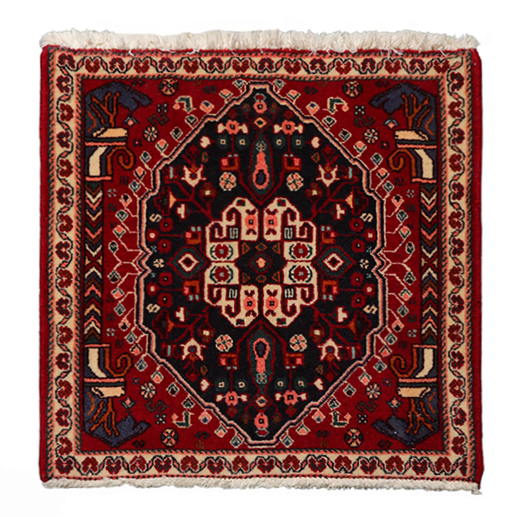 Square Navy, Ivory, Red Color Hand Knotted Abadeh Wool Traditional Oriental Rug
