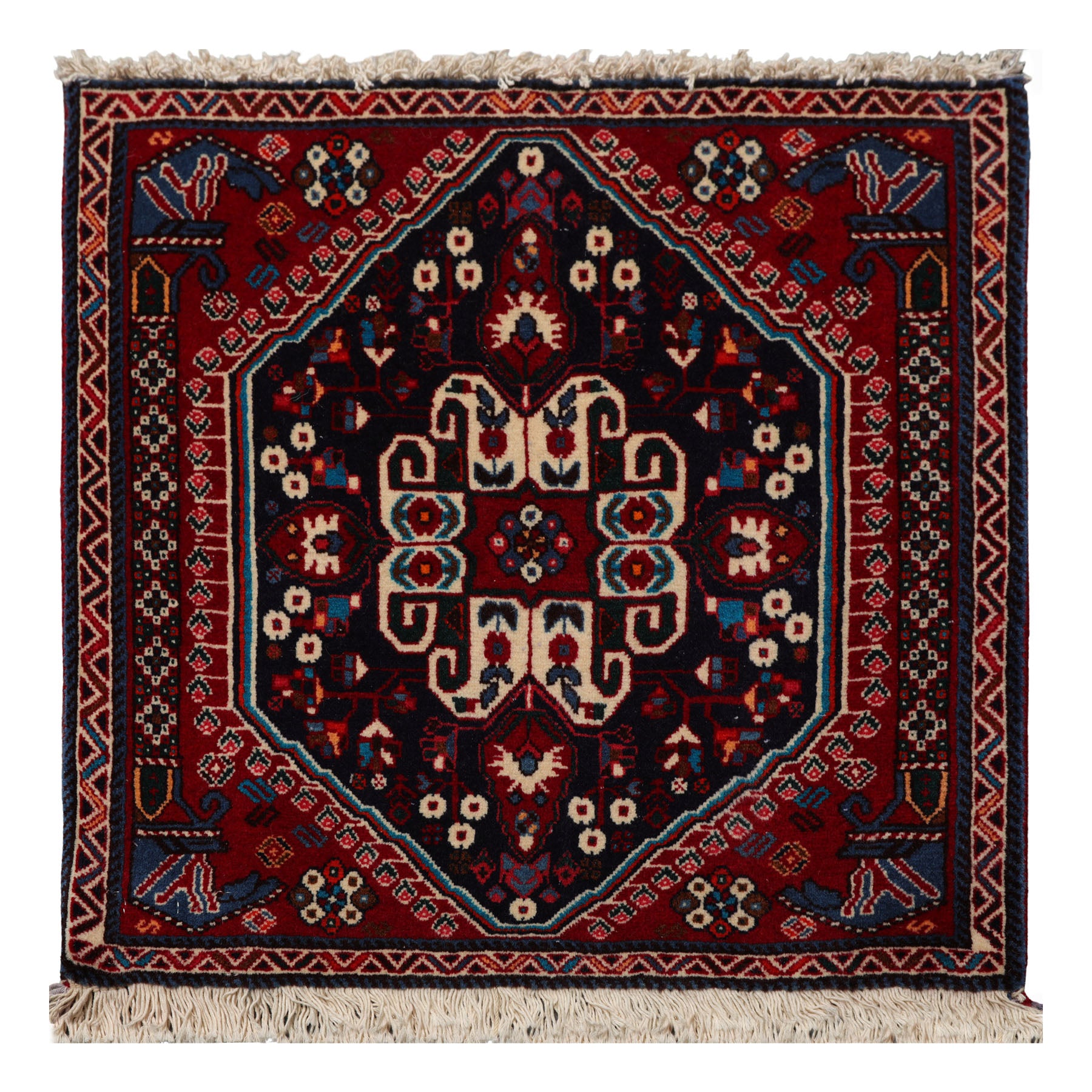 Square Navy, Red, Ivory Color Hand Knotted Abadeh Wool Traditional Oriental Rug