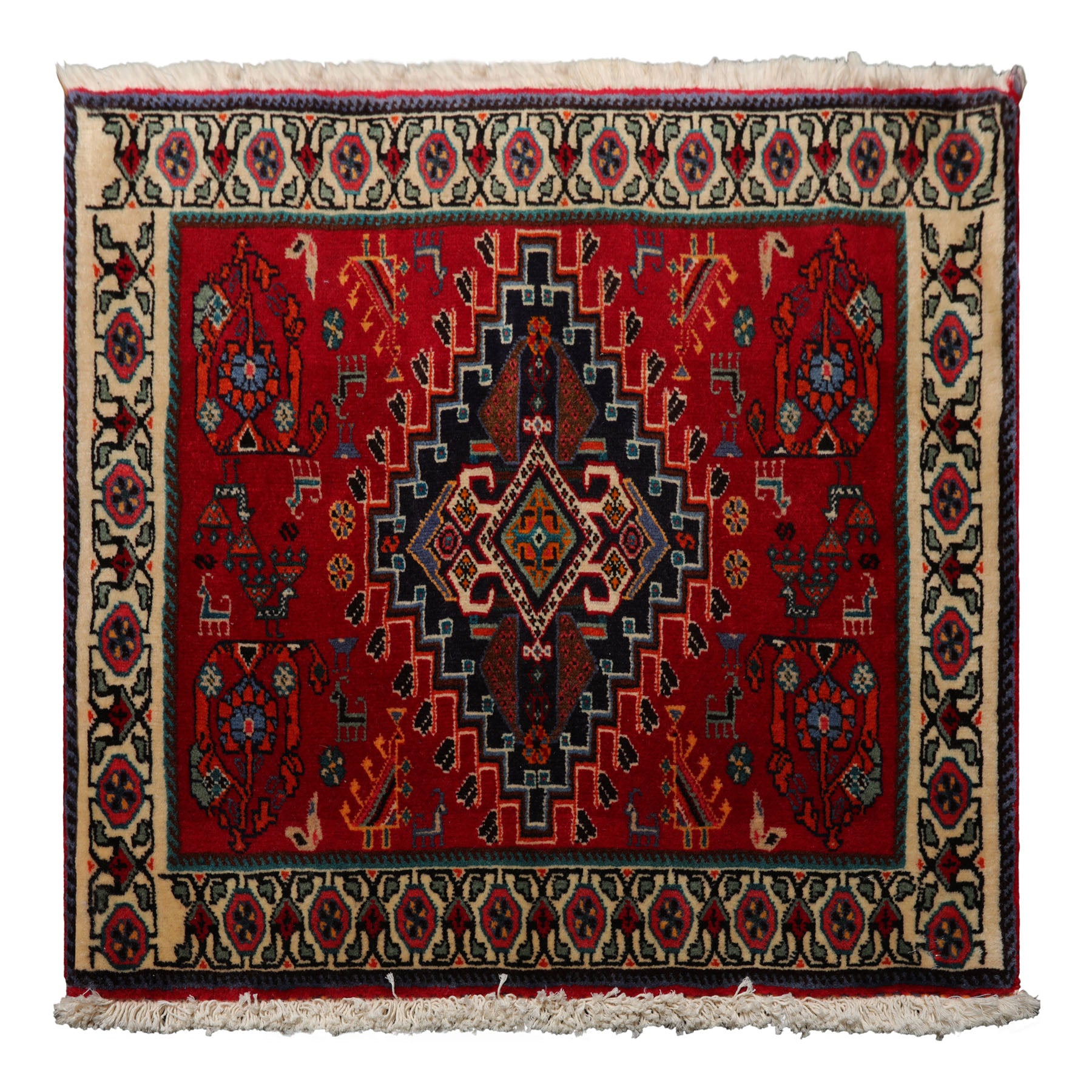 Square Red, Ivory, Navy Color Hand Knotted Abadeh Wool Traditional Oriental Rug