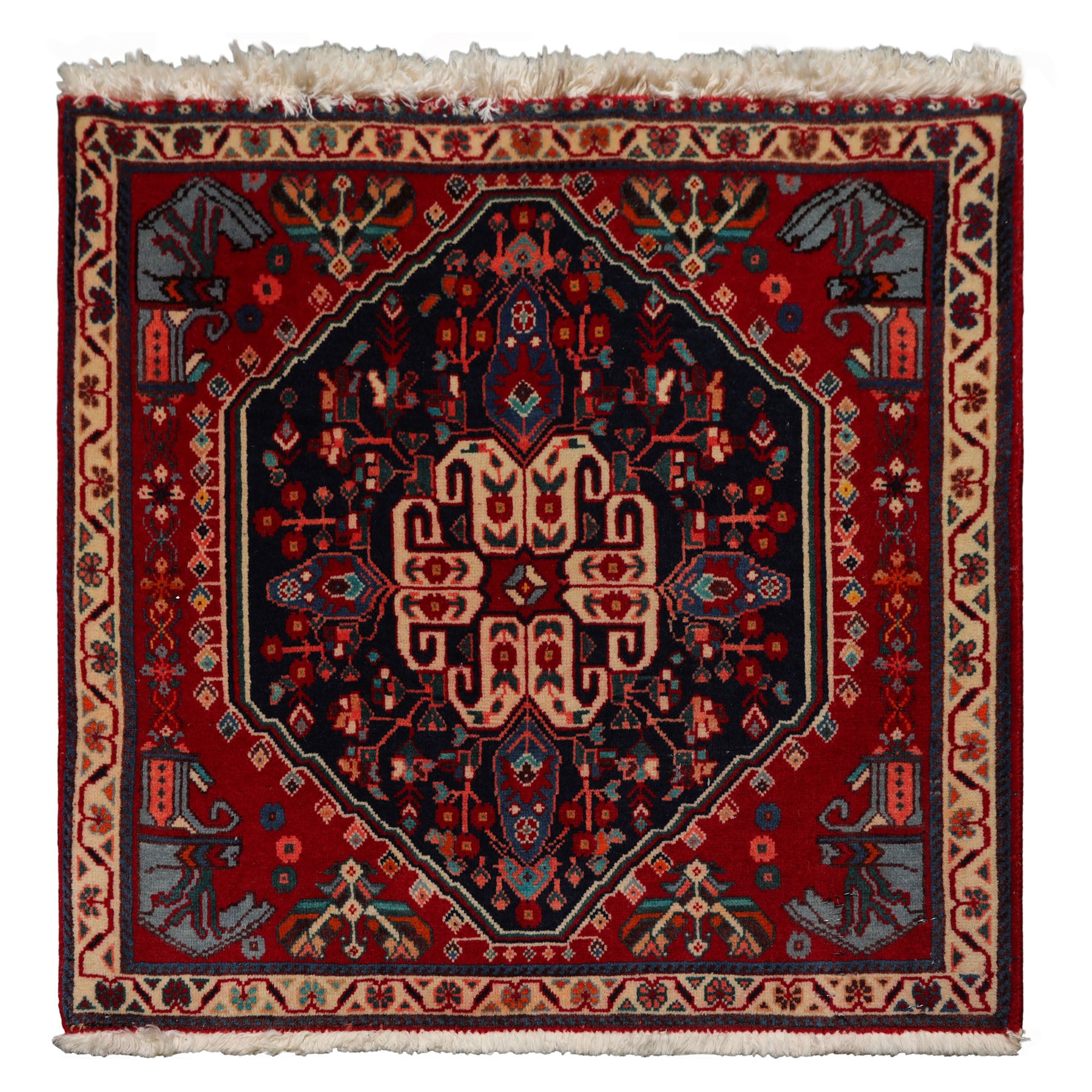 Square Navy, Red, Ivory Color Hand Knotted Abadeh Wool Traditional Oriental Rug