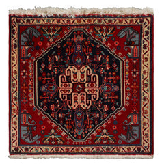 Square Navy, Red, Ivory Color Hand Knotted Abadeh Wool Traditional Oriental Rug