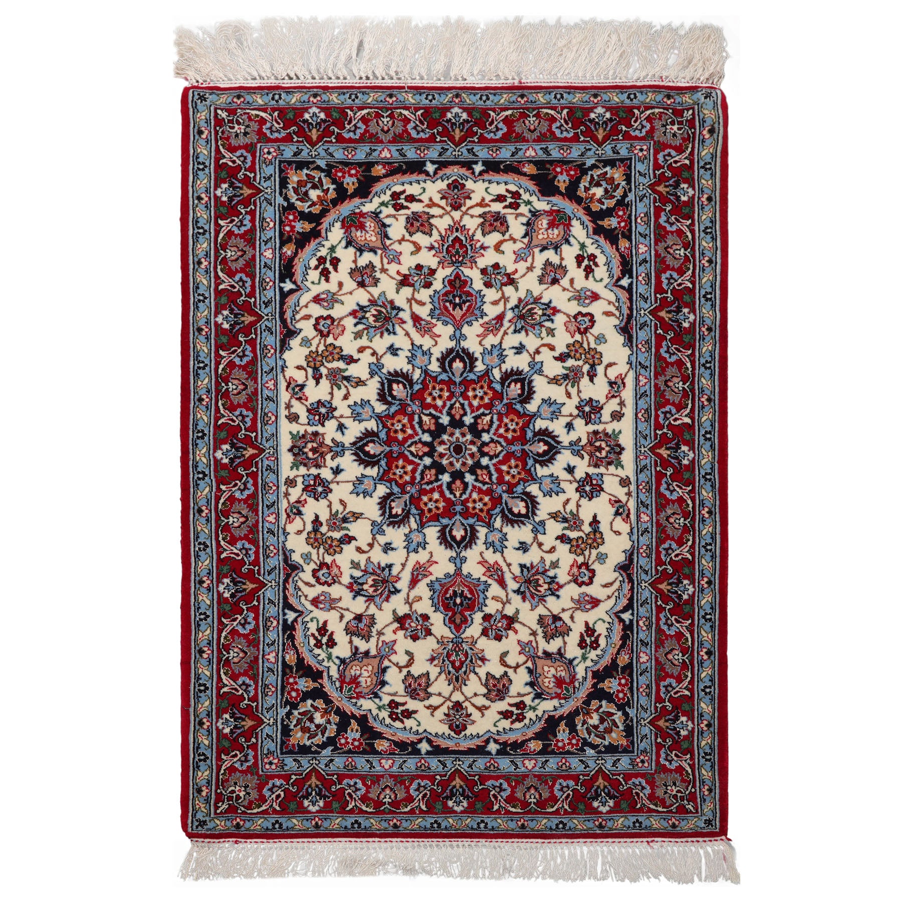 2x3 Ivory, Red, Blue Color Hand Knotted Isfahan Wool & Silk Traditional Oriental Rug