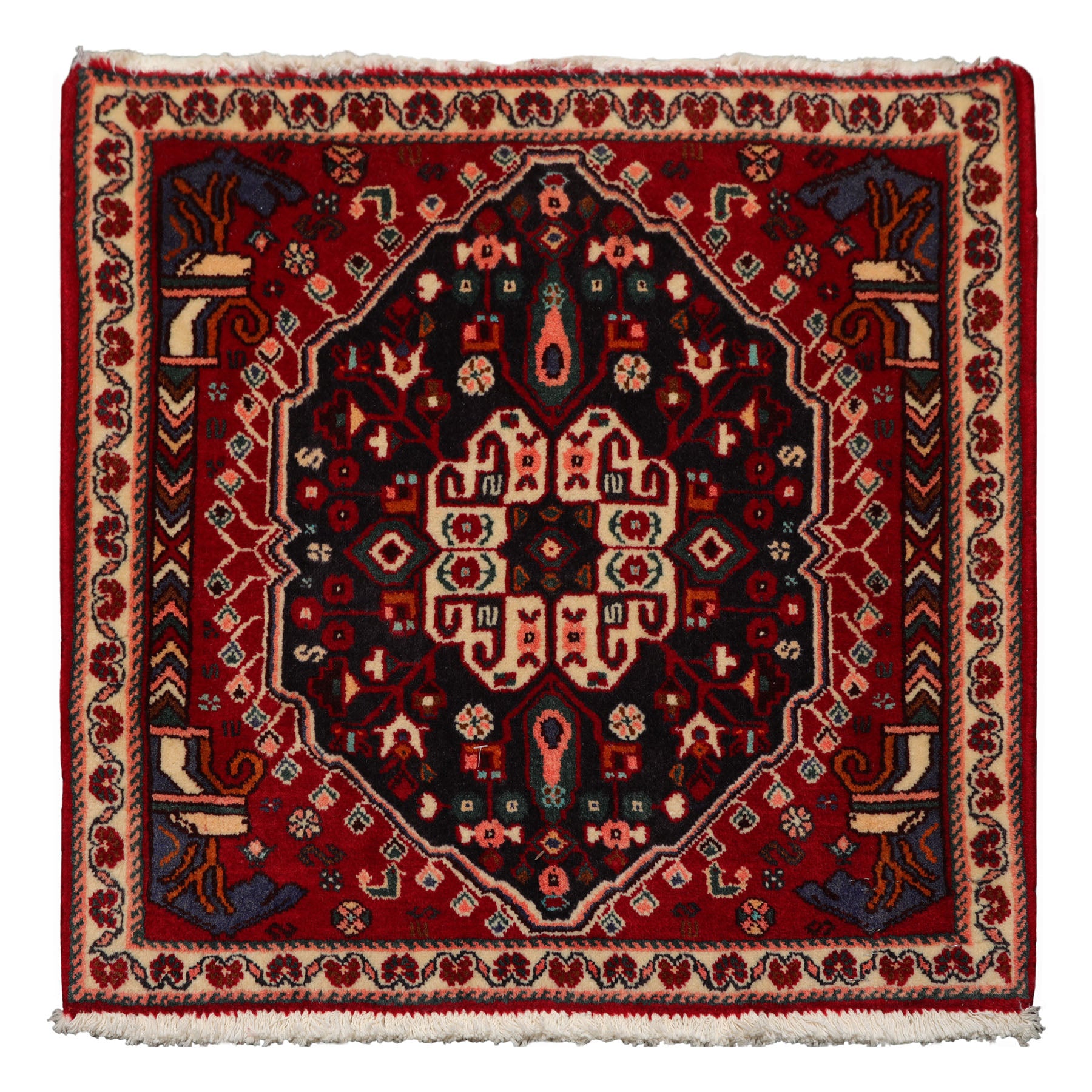 Square Red, Navy, Coal Color Hand Knotted Abadeh Wool Traditional Oriental Rug