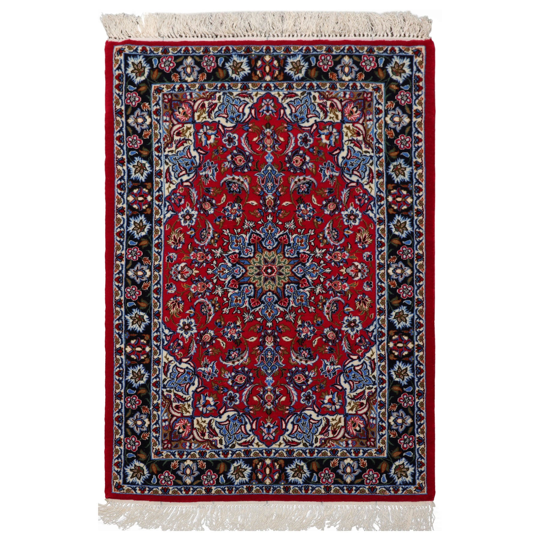 2x3 Red, Navy, Green Color Hand Knotted Isfahan Wool & Silk Traditional Oriental Rug
