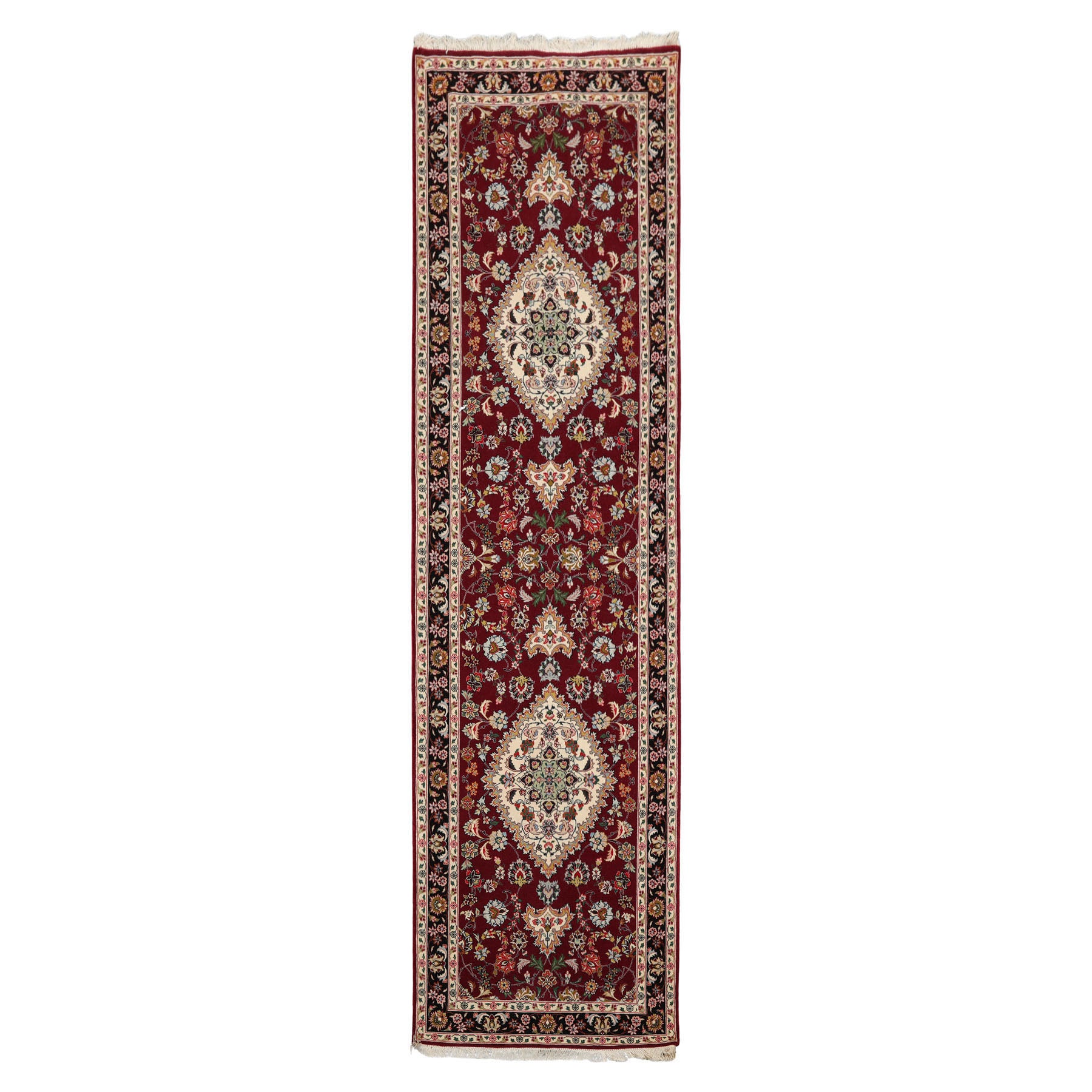 Runner Maroon, Black, Ivory Color Hand Knotted Tabriz Wool & Silk Traditional Oriental Rug