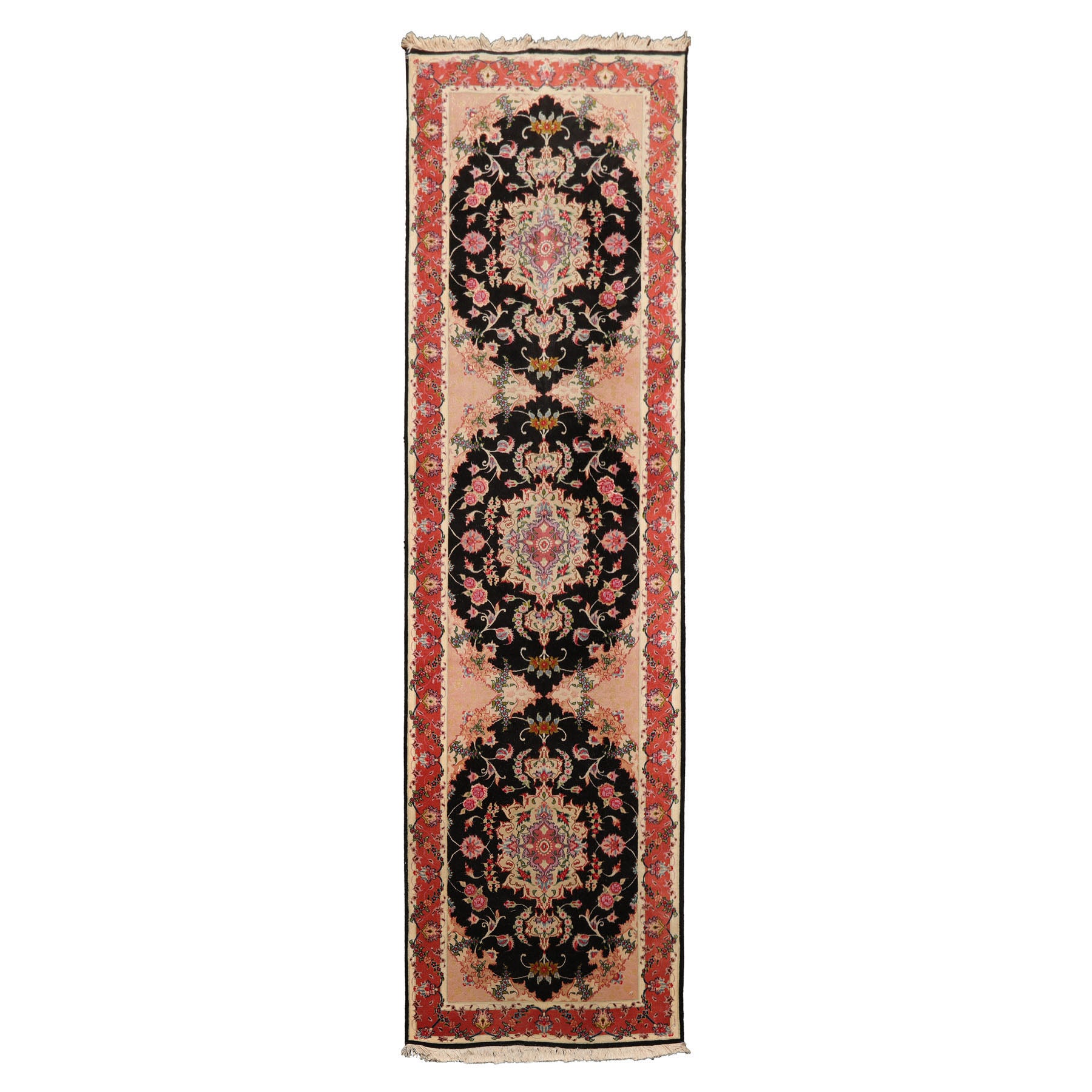 Runner Black, Peach, Coral Color Hand Knotted Tabriz Wool & Silk Traditional Oriental Rug