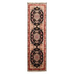 Runner Black, Peach, Coral Color Hand Knotted Tabriz Wool & Silk Traditional Oriental Rug