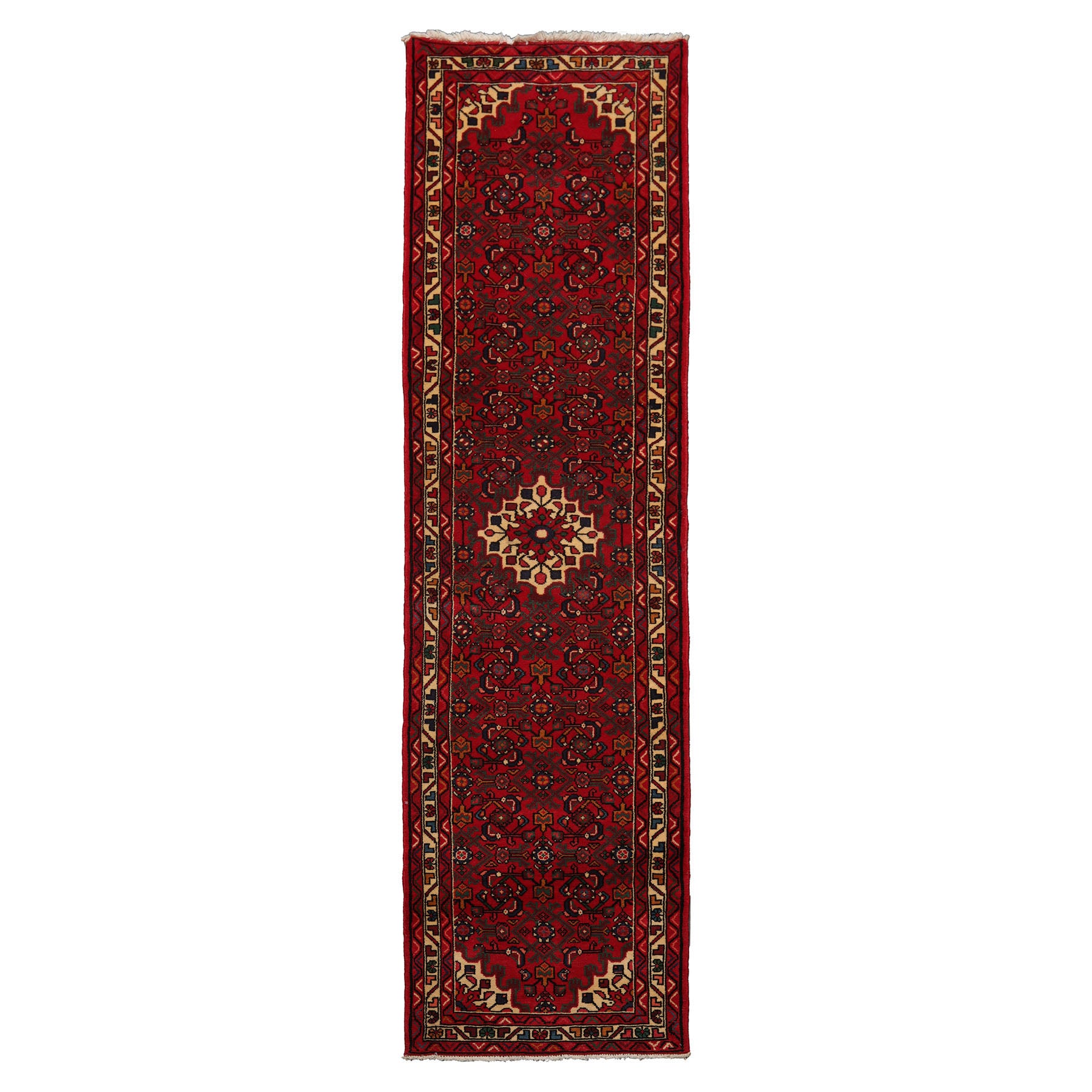 Runner Red, Ivory, Green Color Hand Knotted Hamedan Wool Traditional Oriental Rug
