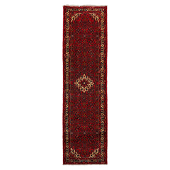 Runner Red, Ivory, Green Color Hand Knotted Hamedan Wool Traditional Oriental Rug