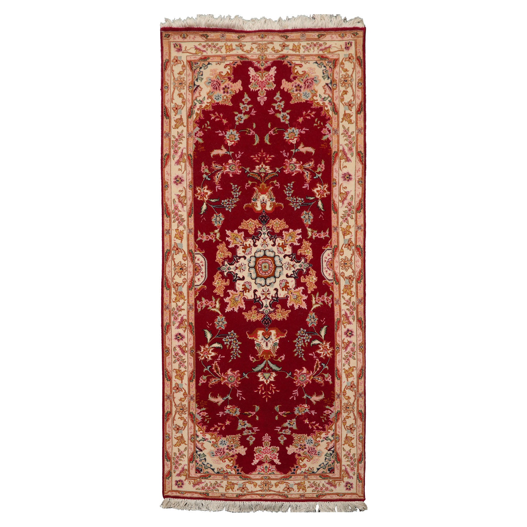 Runner Fuschia, Ivory, Pink Color Hand Knotted Tabriz Wool & Silk Traditional Oriental Rug