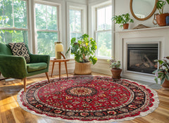 Burgundy 4'11''x4'11'' Tabriz Round Traditional 300 KPSI Hand Knotted Wool & Silk Oriental Area Rug