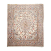 8x10 Ivory, Taupe, Navy Color Hand Knotted Isfahan Wool & Silk Traditional Oriental Rug