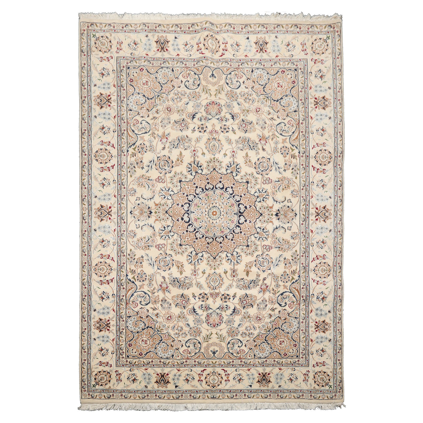 6x9 Ivory, Tan, Navy Color Hand Knotted Nain Wool & Silk Traditional Oriental Rug
