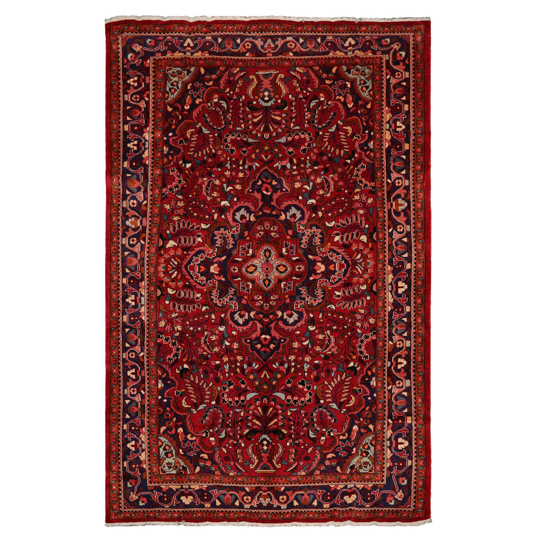 7x11 Red, Navy, Ivory Color Hand Knotted Hamedan Wool Traditional Oriental Rug