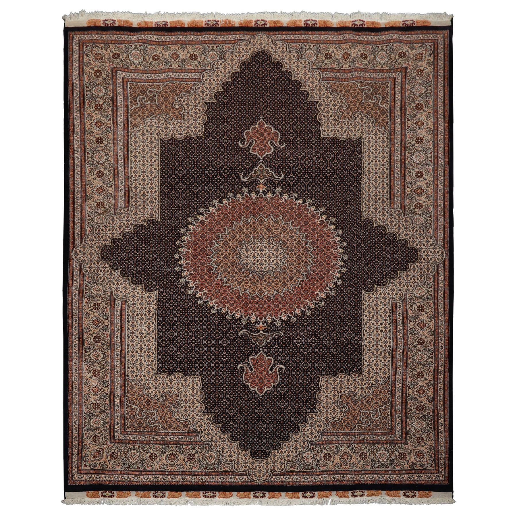 8x11 Midnight Blue, Ivory, Rose Color Hand Knotted Tabriz Wool Traditional Oriental Rug
