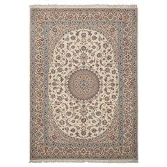 7x10 Ivory, Peach, Blue Color Hand Knotted Nain Wool & Silk Traditional Oriental Rug