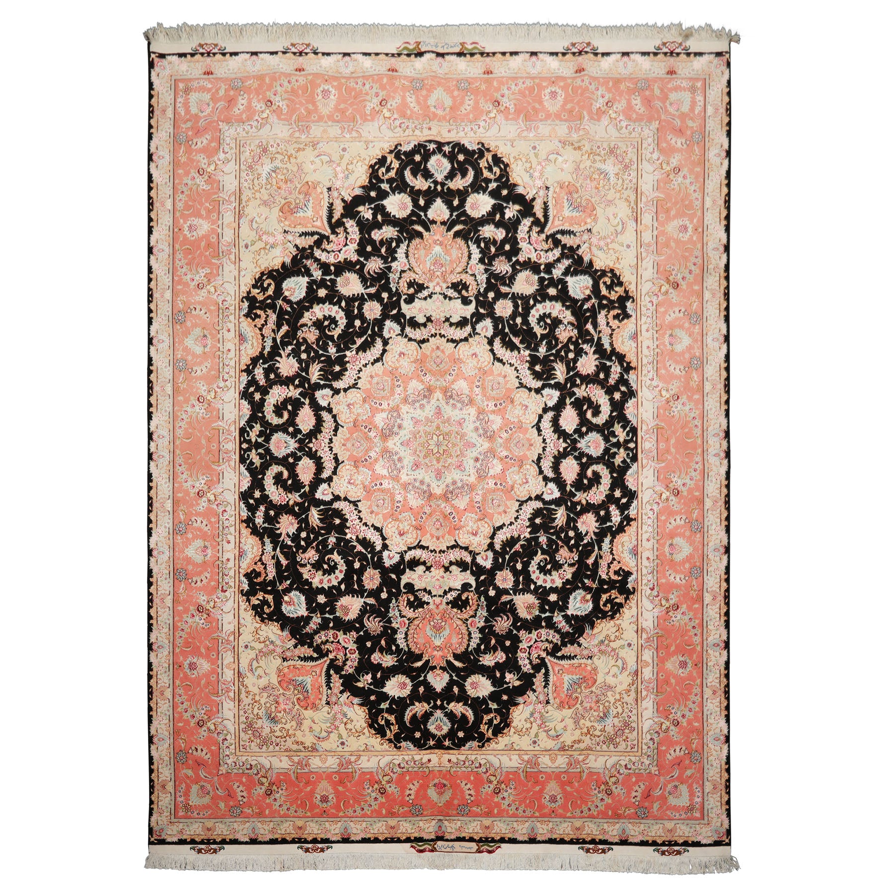 8x11 Black, Rose, Ivory Color Hand Knotted Tabriz Wool & Silk Traditional Oriental Rug