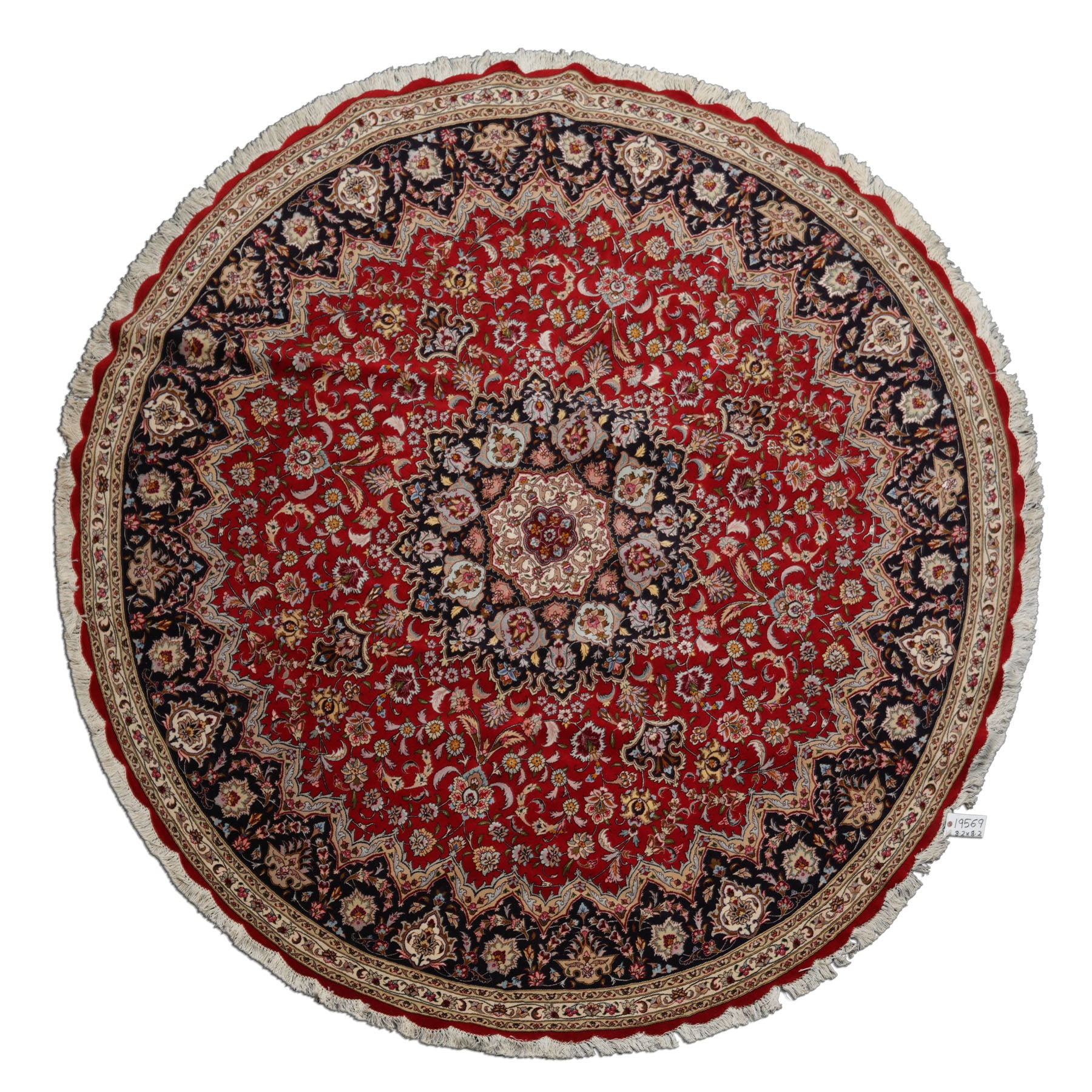 Round Red, Navy, Ivory Color Hand Knotted Tabriz Wool Traditional Oriental Rug