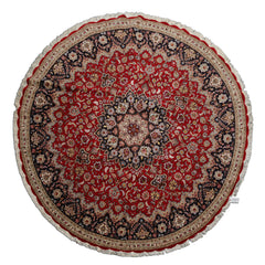 Round Red, Navy, Ivory Color Hand Knotted Tabriz Wool Traditional Oriental Rug