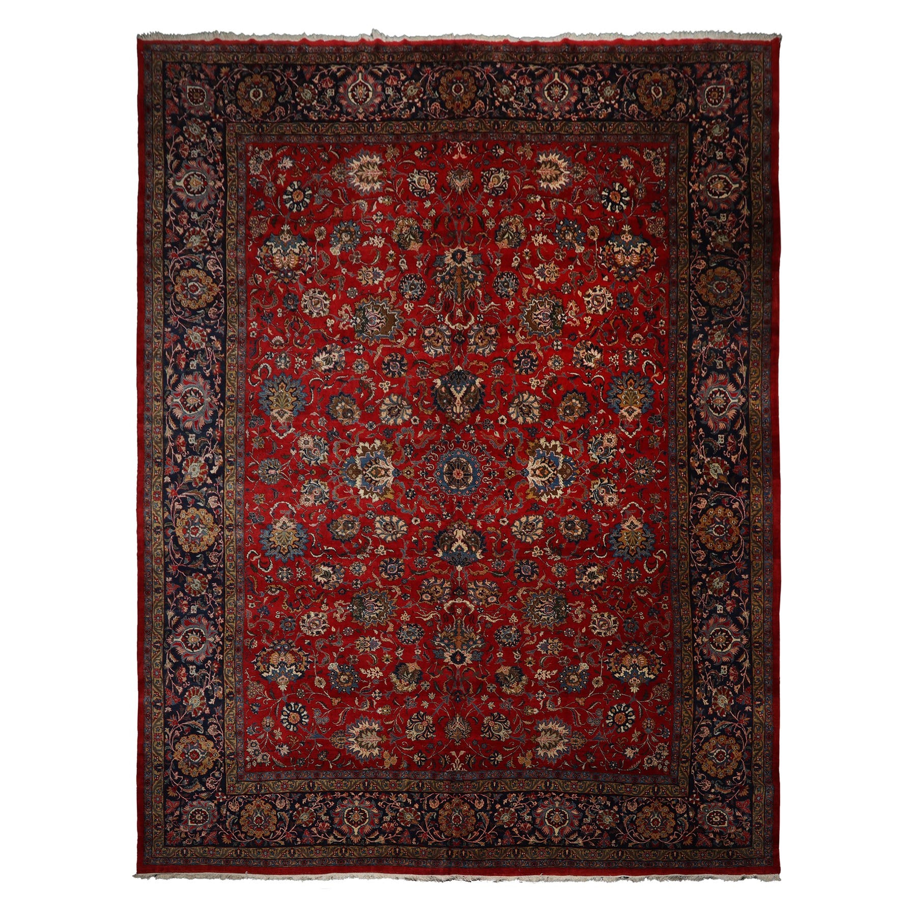 12x16 Red, Orange, Undertone Navy Color Hand Knotted Kerman Wool Traditional Oriental Rug