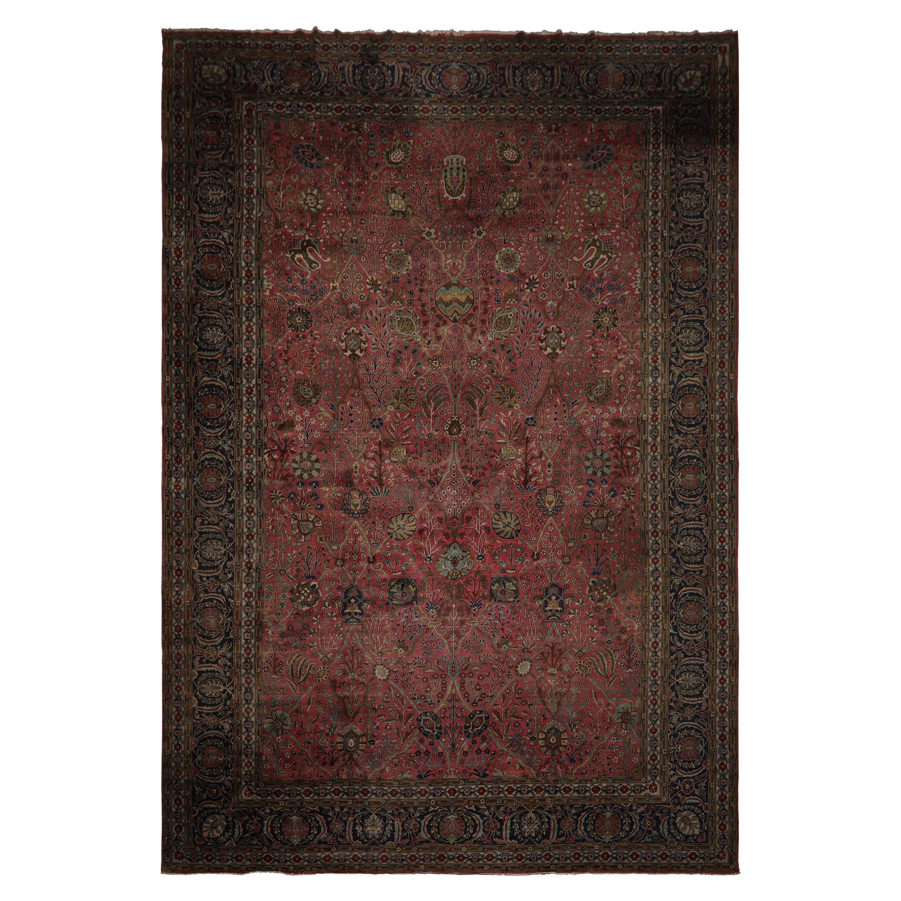 12x17 Antique Rose, Navy, Aqua Color Hand Knotted Antique Sarouk Wool Traditional Oriental Rug